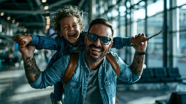 Lachender Vater tr&auml;gt seinen Sohn auf den Schultern w&auml;hrend einer Reise