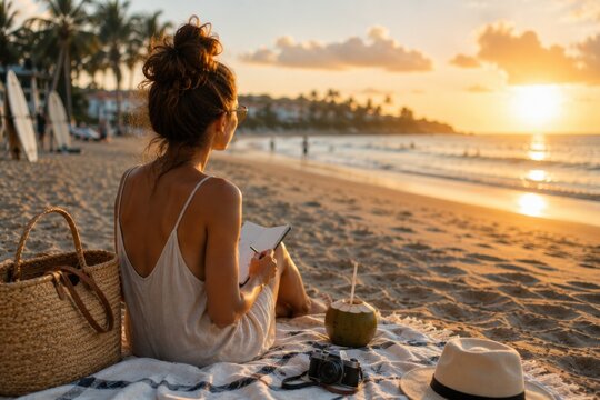 A female tourist in a summer dress sitting on a sandy beach, holding a pen and notebook. A straw basket, a vintage camera, a hat, and a fresh coconut drink are on the blanket against a golden hour oce