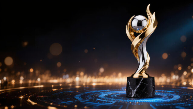 Soccer trophy on marble base with golden ribbon, glowing stadium lights and blue digital floor
