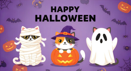 Fototapeta premium Happy Halloween illustration with cute cats dressed in costumes and pumpkins on a purple background