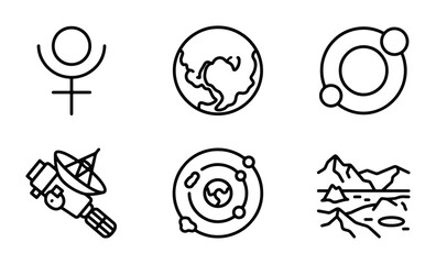 Space Icons Set: Planets, Earth, Pluto, Satellite, Orbit, Lunar Landscape, Vector Graphics © Ruma