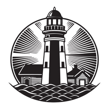Black and white illustration of a lighthouse with a house on the shore with sun rays  iconic nautical graphic design element