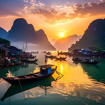 Sunset over serene river with boats.