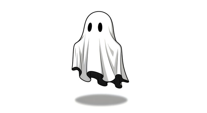 Friendly cartoon ghost with sheet illustration on a white background with subtle shadow
