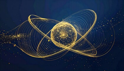 Obraz premium A luminous golden sphere surrounded by glowing swirling orbital rings of light on a deep dark blue background representing scientific innovation.