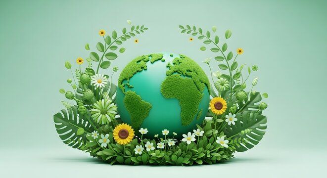 Isometric Earth Day Garden Scene with Green Globe, Flowers and Community Environmental Care Concept