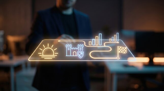 Financial Planning and Wealth Management Concept: Futuristic Holographic Map Interface Displaying Growth and Security Icons in Modern Blurred Office