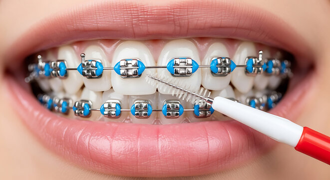Closeup of teeth with blue and silver braces being cleaned with a red and white interdental brush