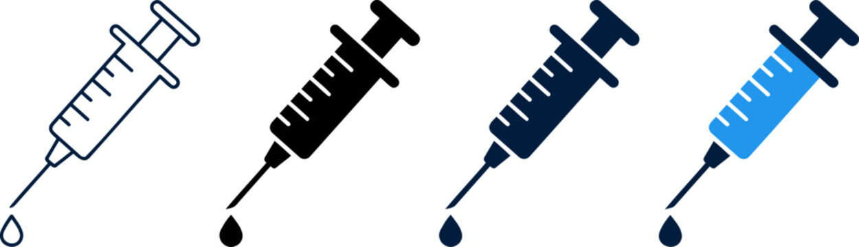 Syringe icon set with drop of liquid medical injection needle symbols for vaccine and drug delivery