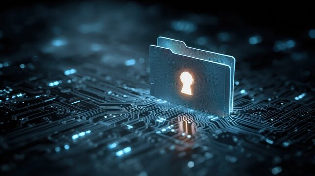 Secure digital folder with glowing keyhole on a blue circuit board