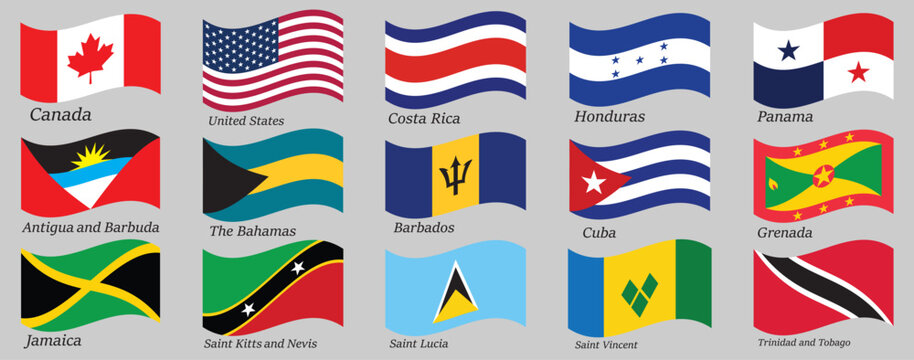 Vector illustration of North American country flags collection. Set of national flags from North America, Central America, and the Caribbean . Comprehensive set of North America country flags icons. 