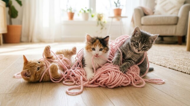 Three Adorable Kittens Playfully Tangled in Pink Yarn Indoors.