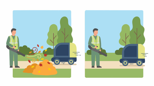 Worker clearing autumn leaves with a leaf blower and street sweeper in a park