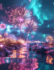 Obraz premium Magical Fireworks Night Sky over Reflective Waters