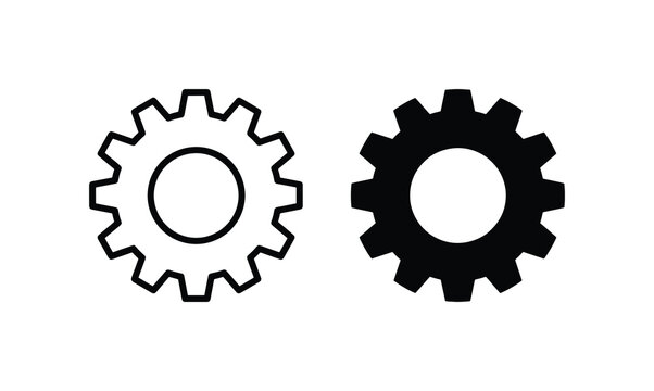 Two Gear Icons, Outline and Solid Black, Mechanical Engineering Symbols, Industry and Technology Concepts