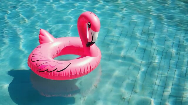Pink inflatable flamingo in swimming pool or sea at summer