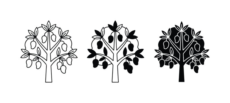Mango Tree Icons, Tropical Fruit Tree Vector Graphics, Organic Food Symbols