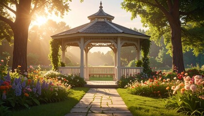 Fototapeta premium A beautiful wooden gazebo nestled in a peaceful summer garden with vibrant colorful flowers and soft golden sunset light rays shining down.