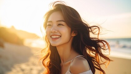 Naklejka premium A beautiful young Asian woman smiling with glowing skin and flowing hair while enjoying the warm golden sunset on a sandy summer beach.