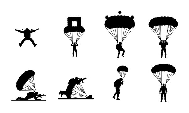 Parachuting Icons, Skydiving Silhouettes, Airborne Sports Vector Set, Military Jump Graphics