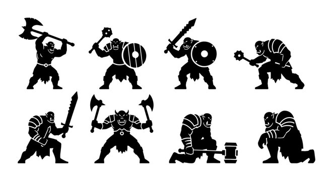 Orc Warrior Icons, Fantasy Battle Silhouettes, Medieval Combat Vector Set
