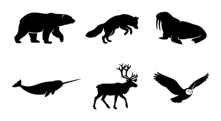 Arctic Wildlife Silhouettes: Polar Bear, Fox, Walrus, Narwhal, Reindeer, Owl Icons © Shamsul