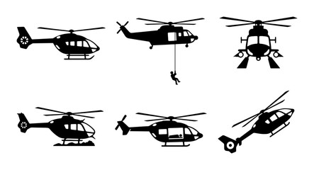 Helicopter Silhouettes Collection, Aviation Icons, Rescue Aircraft Vector Set © Nasrin