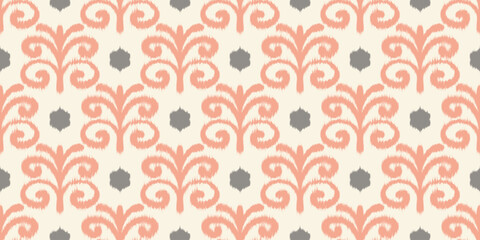 Ikat floral motif pattern with abstract ethnic design. Tribal pink traditional ornament. Retro rug decorative background. Dye oriental wallpaper © Chorna_L