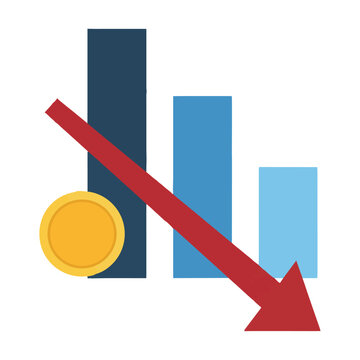 Minimalist icon of a bar chart with a downward arrow and coin showing financial decline isolated on a white background, financial loss concept