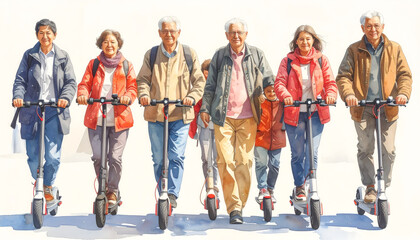 Fototapeta premium Multi generational family with electric scooters illustration bonding together in an inclusive community setting showcasing happy age diverse lifestyle vibes generative AI