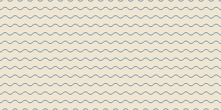 Seamless Wave Pattern with Blue Wavy Lines. Minimalist Mediterranean Sea Waves Background on Cream. Abstract Nautical Geometric Texture Ornament for Fabric, Wallpaper and Wrapping Paper