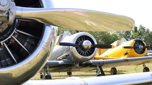 View of vintage propeller aircraft parked on a grassy airfield with shiny chrome engines and colorful fuselages under a bright sky in La Ferte-Alais, Ile-de-France, France.