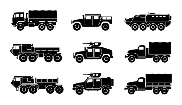 Military Vehicles Icons Set: Army Trucks, Humvee, Armored Transport, Warfare Transport Collection
