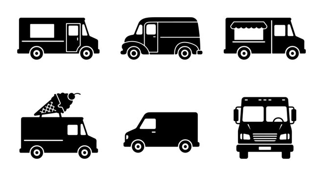Food Truck Icons Set, Mobile Kitchen Vector Graphics, Street Food Van Illustrations, Commercial Vehicle Silhouettes