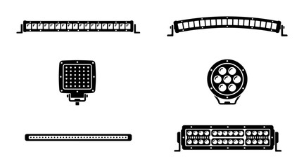 LED Light Bar Icons, Off-Road Vehicle Lighting Set, Automotive Auxiliary Lamps, Modern Tech Illumination © Samira