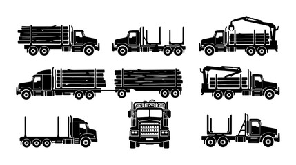 Logging Trucks Set, Timber Haulers, Forestry Vehicles, Heavy Duty Transport Icons © Samira