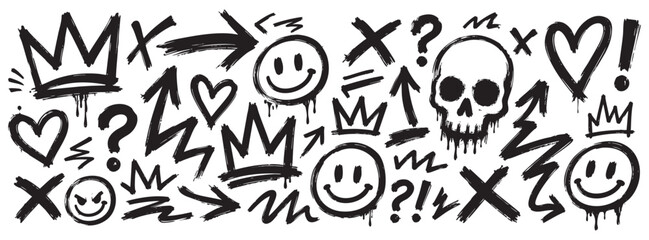 Graffiti elements set, hand drawn street art symbols, crowns, skulls, hearts, arrows, smileys, and abstract shapes isolated on white background © Zbrake Studio