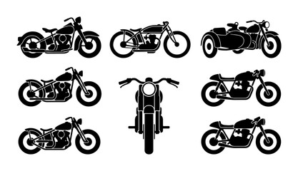 Motorcycle Icons Set: Vintage Chopper, Cafe Racer, Sidecar, Classic Bikes, Vector Graphics © Rezaul
