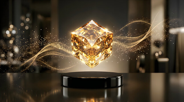 Glowing golden crystal cube floating above a black pedestal with magical light trails and sparkles