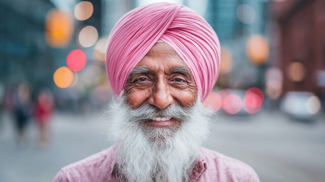 Smiling Sikh man with a pink turban in an urban setting, portrait