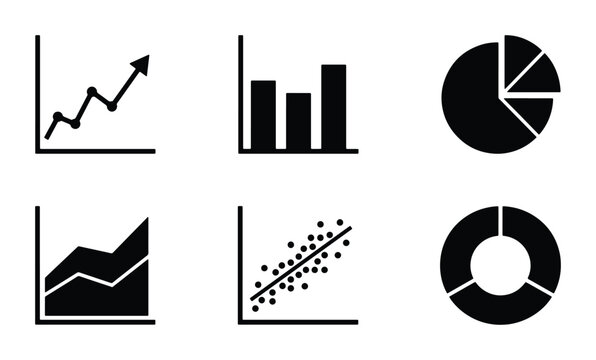 Business Data Icons: Growth Chart, Bar Graph, Pie Chart, Area Graph, Scatter Plot, Donut Chart