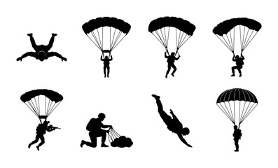 Parachuting Silhouette Set, Skydiving Icons, Extreme Sports Vector Collection, Adventure Graphics © Saiful