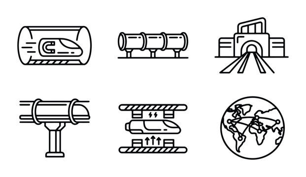 Futuristic Hyperloop Transport Icons, High-Speed Train Concepts, Global Travel Network Vector Set
