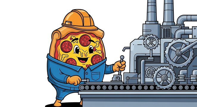 Cartoon character holding clock in city scene.