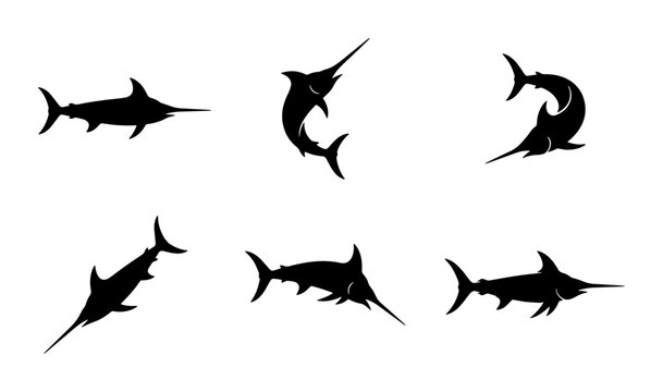 Marlin Silhouettes, Swordfish Vector Icons, Marine Life Graphics, Ocean Sport Fishing Art