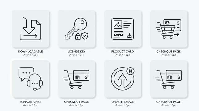 Ecommerce interface icons including downloadable file license key product card checkout page support chat update badge and shopping cart for digital storefront software and website user experience.