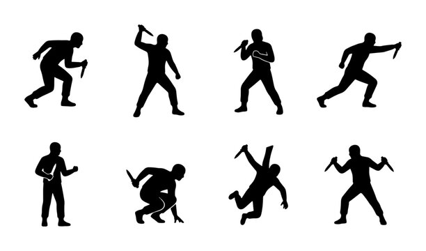 Ninja Silhouettes, Martial Arts Action Poses, Warrior Combat Figures, Black Vector Set