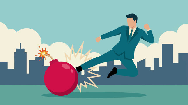 Businessman Kicking a Bomb in a City, Symbolizing Crisis Management