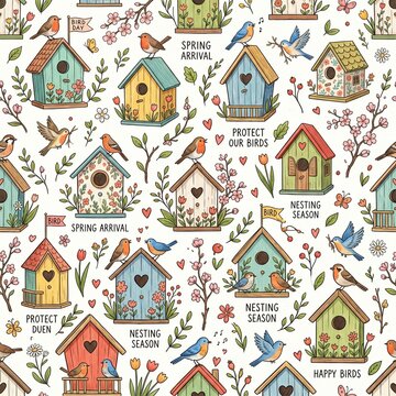 Hand drawn seamless pattern with hand drawn cute birdhouses and cute birds on white background, concept bird protection, bird day, spring arrival, for printing on packages and fabric. 
