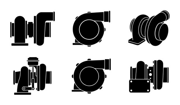 Turbocharger Icons Set, Automotive Engine Boost Components, Industrial Mechanical Parts Collection